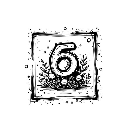 A stylized, hand-drawn number six is nestled within floral accents and encased in a sketchy square frame. The monochrome artwork evokes a vintage aesthetic.のイラスト素材