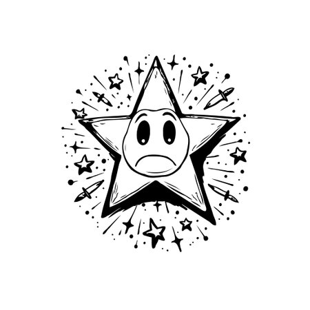 A stylized monochrome drawing showcasing a star with a sad facial expression, surrounded by cosmic elements. This piece captures feelings of loneliness, melancholy, and cosmic sorrow in a simple yet compelling design.のイラスト素材