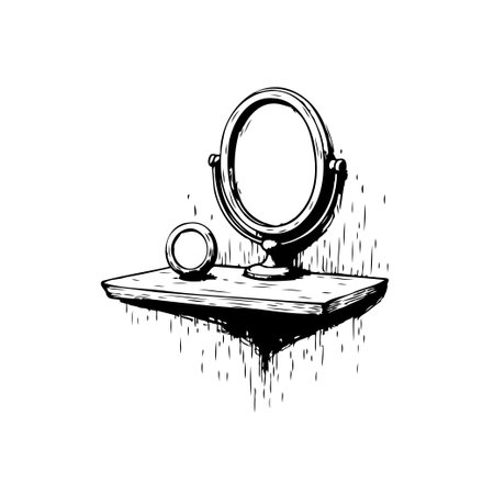 A monochrome sketch showcases a vanity mirror and a small cosmetic jar on a simple wooden surface, rendered in a vintage style with artistic shading, suggesting elegant personal care.のイラスト素材