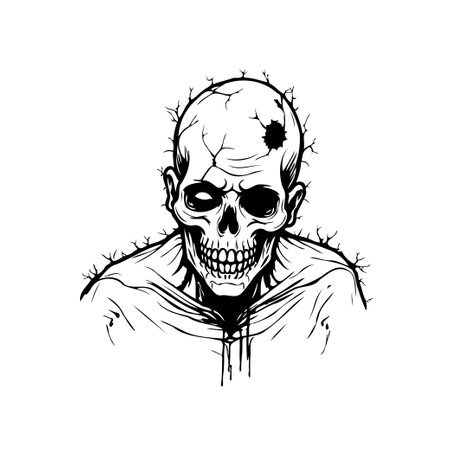 A chilling skull drawing presents a macabre vision with dark, decaying details. The black and white contour brings out the scary aspects, making it ideal for horror or halloween themes.のイラスト素材