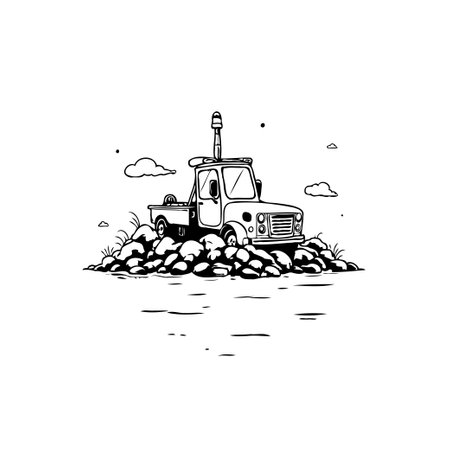 A stylized monochrome illustration depicts a vintage truck positioned on a rock formation, complemented by cloud shapes and gentle water accents. The simple design creates a serene, nostalgic visual.のイラスト素材