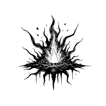 A black and white stylized vector illustration depicts intense flames. Evoking a mystical atmosphere through its design, with intricate details. A symbolic graphic element suitable for artistic or decorative purposes.のイラスト素材