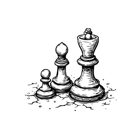 An illustration features three chess pieces: pawn, bishop, and queen on cracked ground, embodying the progression of strategy and intellect in the game.のイラスト素材
