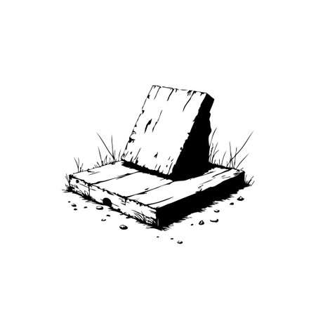 A monochrome illustration presents weathered wooden planks. The planks are stacked, creating a rustic and aged appearance. Subtle grass details add a touch of nature to the scene.のイラスト素材