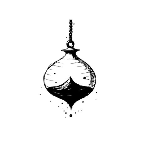 Stylized black and white illustration of a hanging container partially filled with a dark fluid, evoking a sense of delicate balance and abstract visualization.のイラスト素材