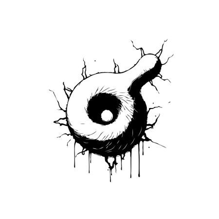A hand-drawn style abstract graphic featuring a spiraling, vortex-like shape with radiating lines and splattered ink details. The monochrome design creates a dynamic and slightly distressed aesthetic.のイラスト素材