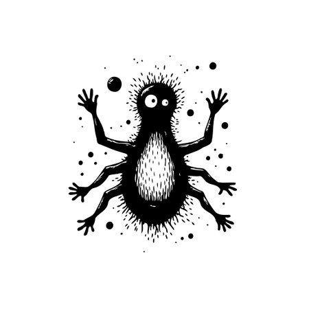 A playful illustration features a cute, spider-like monster. The hand-drawn style adds a whimsical touch to this friendly creature design on a white background.のイラスト素材