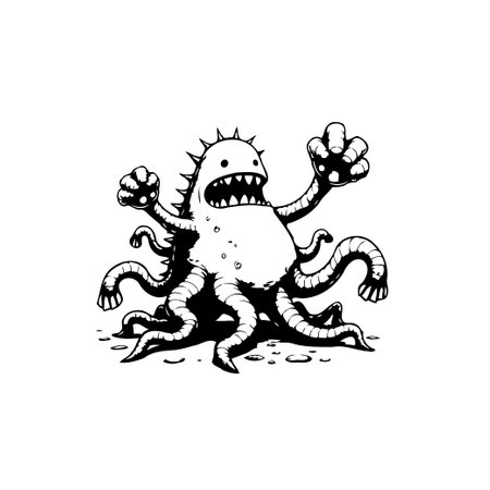 A whimsical illustration presents a tentacled monster, rendered in a playful cartoon style. It features exaggerated, humorous features in black and white, perfect for a quirky design.のイラスト素材