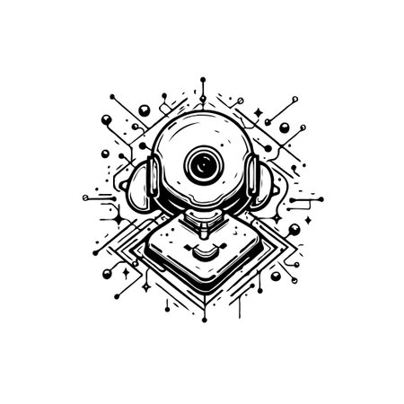 A creatively designed illustration featuring a webcam surrounded by interconnected lines, dots, and geometric shapes, conveying a sense of modern technology and digital connectivity.のイラスト素材