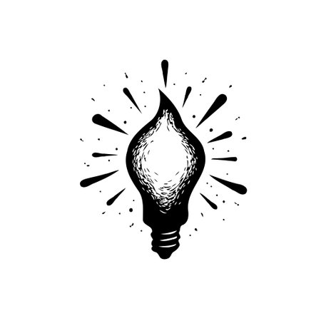 A black and white artistic depiction of a lightbulb with radiating lines suggest energy. The design uses a stylized approach, evokes a sense of innovation and bright ideas.のイラスト素材