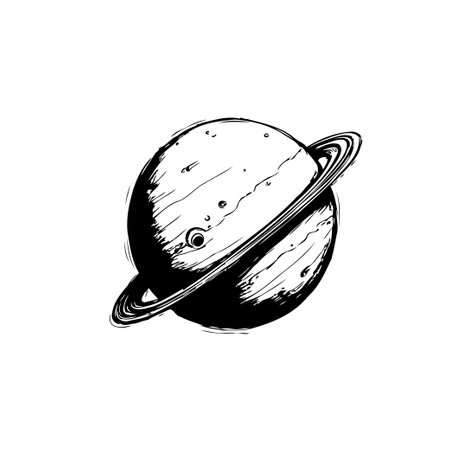 A hand-drawn style illustration displays a ringed planet floating in empty space, rendered in black and white. Its orbits are orbiting its surface, suggesting themes of science, space exploration, or artistic representation.のイラスト素材
