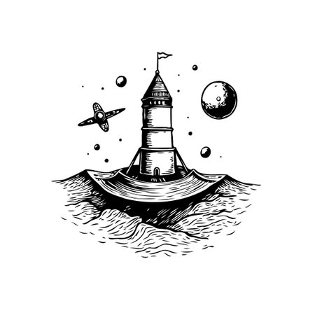 A stylized black and white graphic depicting a tower seemingly floating on water surrounded by celestial bodies, evoking a sense of fantasy and cosmic adventure.のイラスト素材
