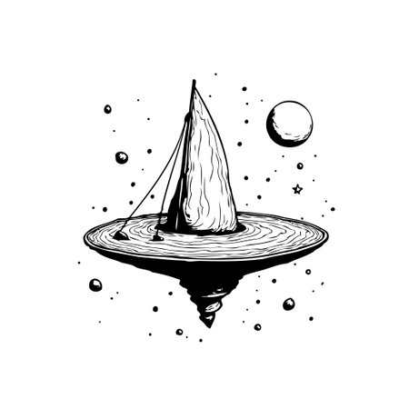 A surreal illustration featuring a sailboat on a floating island, set against a backdrop of stars and a distant moon. This monochrome artwork blends nautical themes with cosmic fantasy.のイラスト素材
