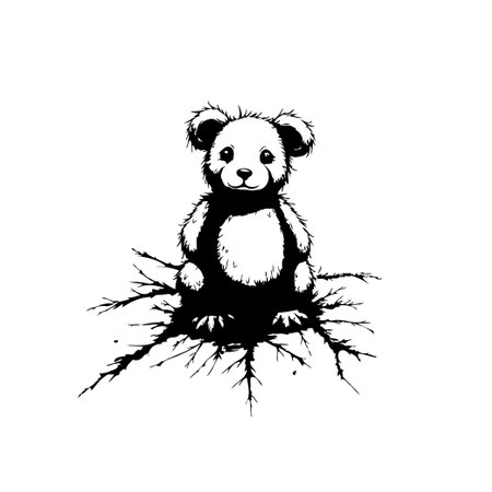 A charming monochrome illustration displays a bear cub seated on cracked ground. The simple black and white color palette adds a stylized and artistic feel to the composition.のイラスト素材