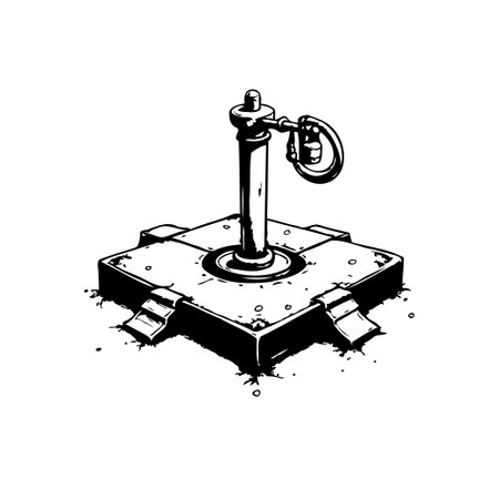 Monochromatic illustration of a stylized metallic structure. The design features a cylindrical post atop a geometric base, creating a mechanical-looking element. Rendered with precise outlines, it is suitable for graphic designs.のイラスト素材