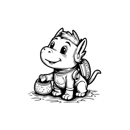 A delightful line art illustration showcases a charming cartoon creature with a backpack, radiating joy and curiosity, ready for adventures and friendship.のイラスト素材