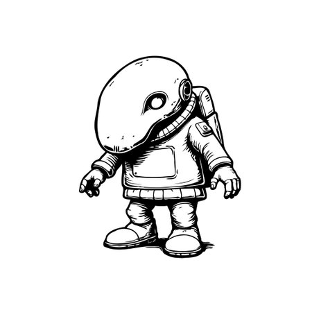 A creatively crafted monochrome illustration displays a stylized character in some apparel. The depiction features a playful aesthetic with detailed linework. Its strange, whimsical design is perfect for creative projects.のイラスト素材