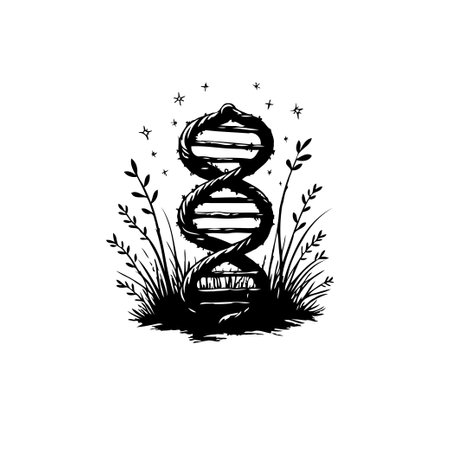 A stylized monochrome illustration showing a DNA helix emerging from grass, accompanied by star-like shapes, portraying scientific research and discovery within organic forms.のイラスト素材