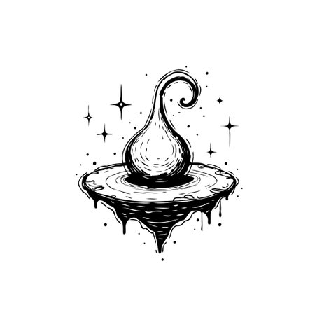 A hand-drawn, monochrome illustration depicts an abstract celestial being balanced above a floating astral platform, surrounded by stardust, evokes a dreamlike, ethereal sense.のイラスト素材