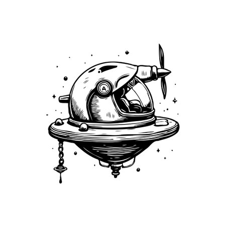 Monochrome illustration featuring a retro aviator helmet mounted on a flying saucer with a propeller. The artwork evokes a sense of whimsical cosmic adventure and old-fashioned exploration.のイラスト素材