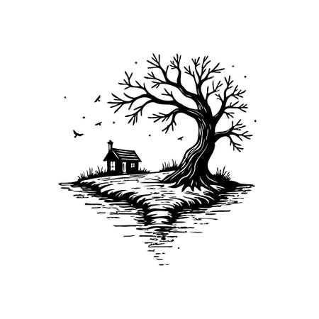 A solitary, picturesque landscape features a windswept tree alongside a small structure reflected in the water. Captured in monochromatic tones, the scene exudes an atmosphere of peace and quiet isolation.のイラスト素材