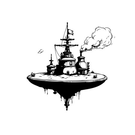 A black and white illustration depicts a unique floating island. A complex, steampunk-esque structure sits atop it, complete with smoking chimneys, creating a surreal, fantastical scene.のイラスト素材