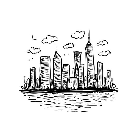 Monochromatic stylized illustration showcasing a city skyline with varied architectural styles. The sketch evokes a sense of exploration and urban wonder.のイラスト素材