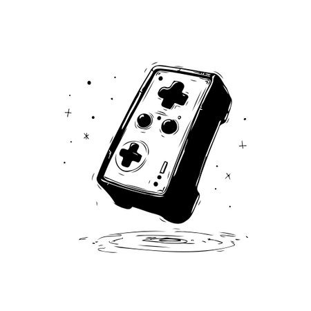 Black and white illustration of a vintage gaming controller floating above a pool of water with a ripple effect. Perfect for retro gaming, digital art, and design projects.のイラスト素材