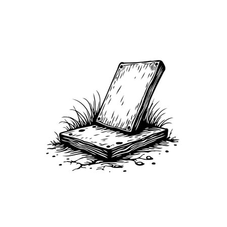 Simple illustration featuring weathered wood planks, a study in texture and rustic design. The cracked earth and sparse grass suggest an outdoor, natural setting.のイラスト素材