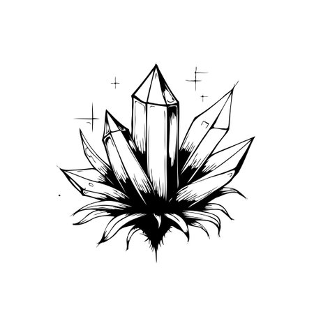 A detailed black and white illustration showcases a group of crystals, radiating light. This artwork evokes a sense of natural beauty, geological wonder, and mystical potential.のイラスト素材