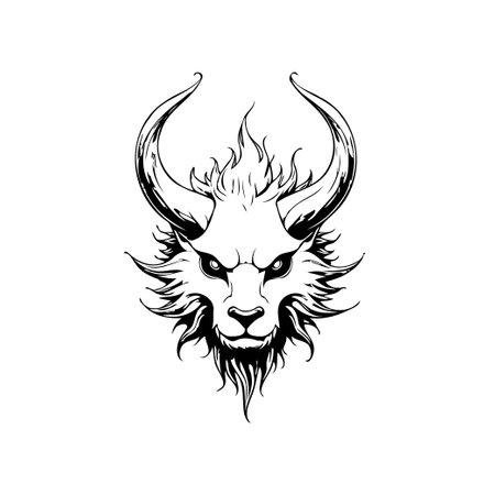 A striking monochrome illustration presents a stylized head of a fantasy creature. Sharp lines and intricate details give a bold, mythical presence perfect for graphics or designs.のイラスト素材