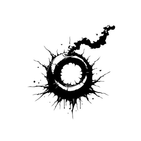 A stylized rendering of a circular object with sharp spikes emanating outwards and a trail of smoke. This abstract design conveys a sense of danger and energy.のイラスト素材