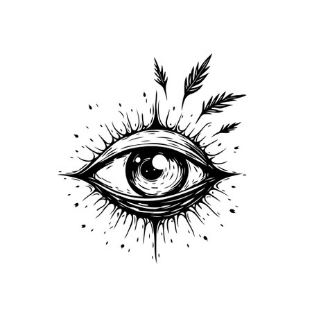 A stylized, monochrome drawing presents an eye with radiating lines, creating an abstract and slightly mystical appearance. Feather-like elements complement the design, suggesting a sense of ethereal sight.のイラスト素材