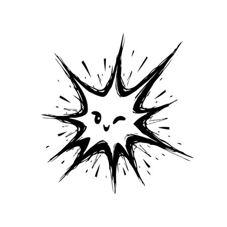 A playful, hand-drawn style illustration of an explosion-shaped face with a winking expression, rendered in bold black lines against a clean white backdrop.のイラスト素材