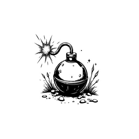 A hand-drawn illustration shows a round bomb with a burning fuse set amidst a grassy patch. The black and white sketch evokes suspense and potential danger.のイラスト素材