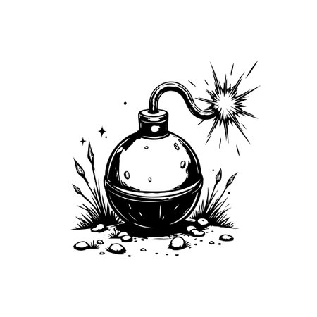 Stylized vintage bomb drawing featuring a round bomb with a fuse emitting sparks, displayed on a simple background. Ideal for representing themes like danger, threat, or a countdown concept.のイラスト素材
