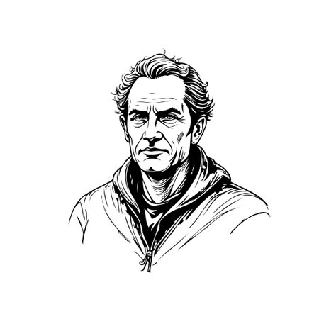 A strikingly detailed monochrome portrait showcases a mature man with a thoughtful expression. The line art style emphasizes his features and conveys a sense of depth and character.のイラスト素材