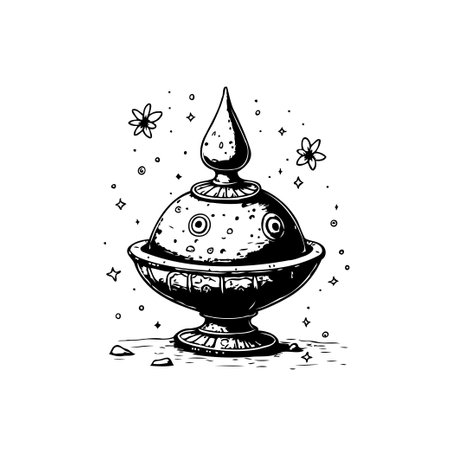 Ink illustration of a unique vessel with a lid, surrounded by celestial and floral elements. This drawing carries a sense of mystery and otherworldly charm.のイラスト素材