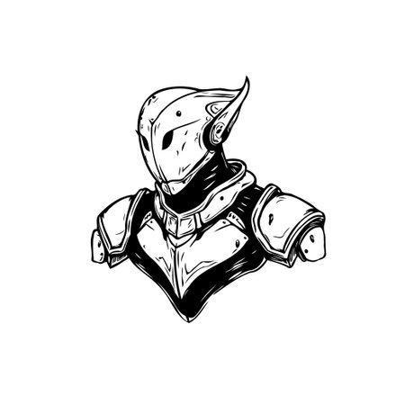 Detailed black and white illustration showcases a futuristic armored figure. The focus is on the intricate designs of the helmet and body armor, rendered with bold lines and a stylized approach.のイラスト素材