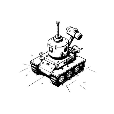 A hand-drawn style image showcases a futuristic tank design. This cartoonish illustration features distinct black outlines and shading, emphasizing the unique weapon system, suitable for illustrations or concepts.のイラスト素材