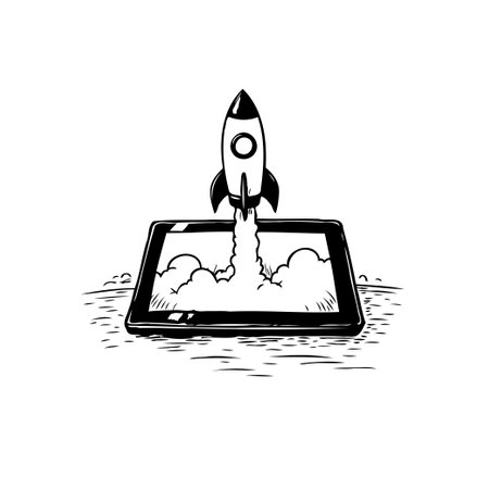 A rocket blasts off from a tablet screen, symbolizing technological advancement and new business ventures. This graphic illustration represents innovation, ambition, and the boundless potential of digital ideas.のイラスト素材