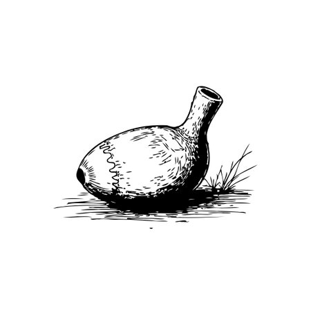 A simple monochromatic sketch depicts an antique vase resting on a surface dotted with sparse blades of grass. The artwork conveys a sense of antiquity and rustic charm.のイラスト素材