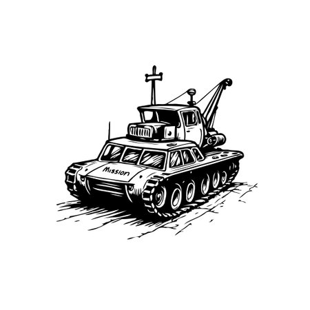 Imaginary black and white illustration featuring an armored vehicle equipped with a crane and tracks, set against a white backdrop.のイラスト素材