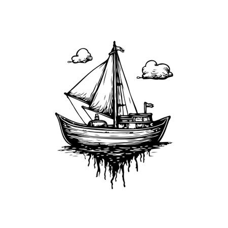 Monochrome hand-drawn illustration of a sailboat sailing beneath scattered clouds in a serene atmosphere, evoking feelings of freedom and travel.のイラスト素材