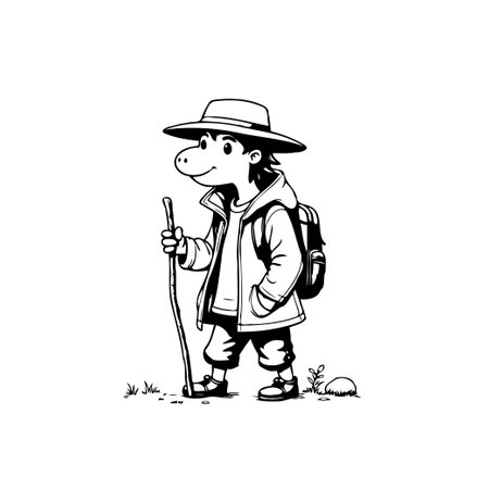 An adventurous cartoon character, clad in a hat and backpack, is ready to explore the outdoors with a walking stick, inviting you to a world of whimsical journeys.のイラスト素材