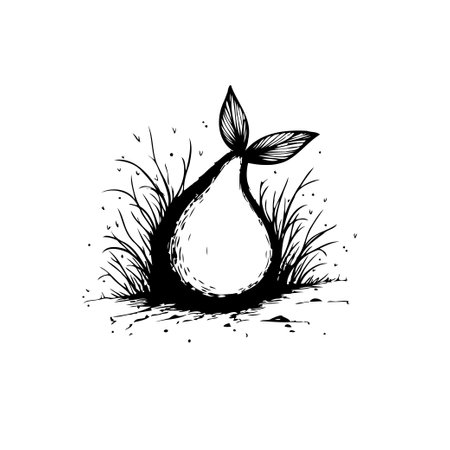 A monochrome illustration features a teardrop form emerging from foliage. The design is sketchy and organic, utilizing black ink on a white backdrop. It would be ideal for illustrating concepts relating to nature, fresh beginnings or creativity.のイラスト素材