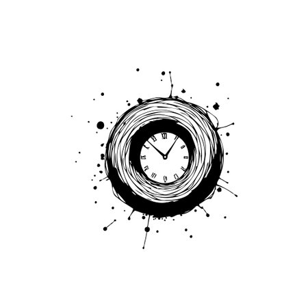 A stylized clock face is surrounded by dynamic ink splatters, creating an abstract representation of time's passage. The monochrome palette enhances the artistic and slightly chaotic feel.のイラスト素材