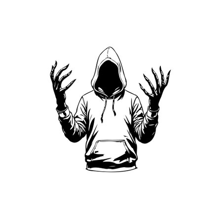 A monochrome illustration depicts a hooded figure with a shadowed face and grotesquely elongated fingers. The drawing evokes feelings of mystery, fear, and the unknown.のイラスト素材
