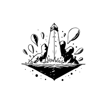 A graphic illustration depicts a stylized lighthouse standing firm against turbulent waves. The monochrome design suggests resilience and guidance amidst the unpredictable sea.のイラスト素材