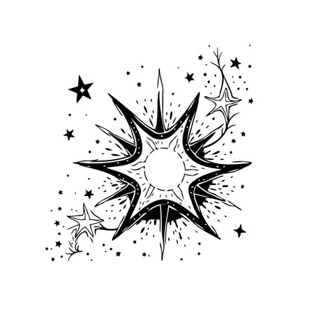 A stylized monochrome drawing of a celestial burst, reminiscent of a star. The intricate details and surrounding smaller stars add a fantastical, cosmic feel.のイラスト素材